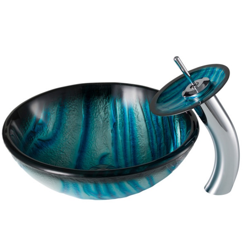 KRAUS Nature Series™ Blue Glass Bathroom Vessel Sink and Waterfall Faucet Combo Set with Matching Disk and Pop-Up Drain, Chrome Finish