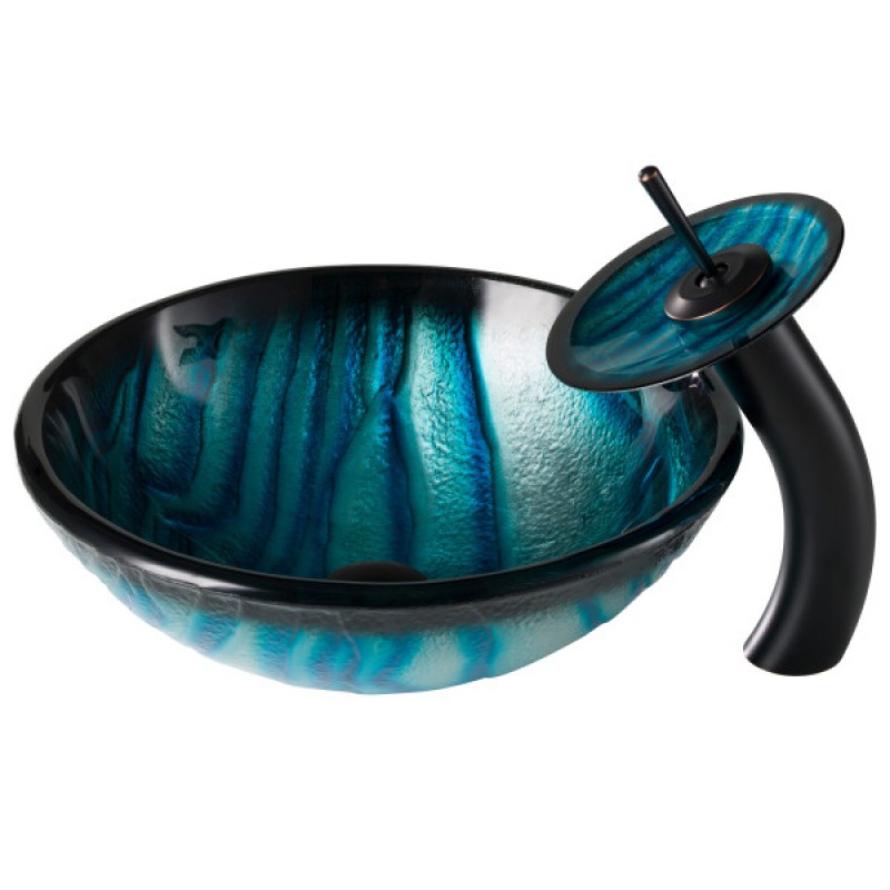 KRAUS Nature Series™ Blue Glass Bathroom Vessel Sink and Waterfall Faucet Combo Set with Matching Disk and Pop-Up Drain, Oil Rubbed Bronze Finish