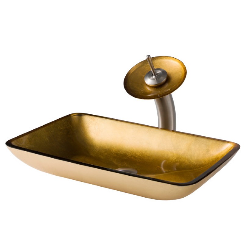 KRAUS Rectangular Gold Glass Bathroom Vessel Sink and Waterfall Faucet Combo Set with Matching Disk and Pop-Up Drain, Satin Nickel Finish