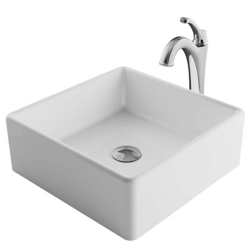 KRAUS Elavo™ 15-inch Square White Porcelain Ceramic Bathroom Vessel Sink and Arlo™ Faucet Combo Set with Pop-Up Drain, Chrome Finish