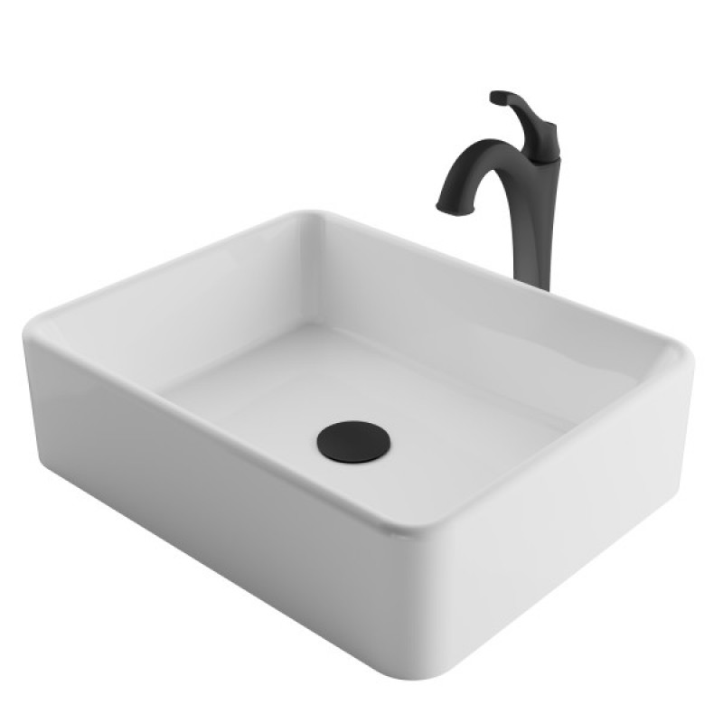 KRAUS Elavo™ 19-inch Modern Rectangular White Porcelain Ceramic Bathroom Vessel Sink and Matte Black Arlo™ Faucet Combo Set with Pop-Up Drain