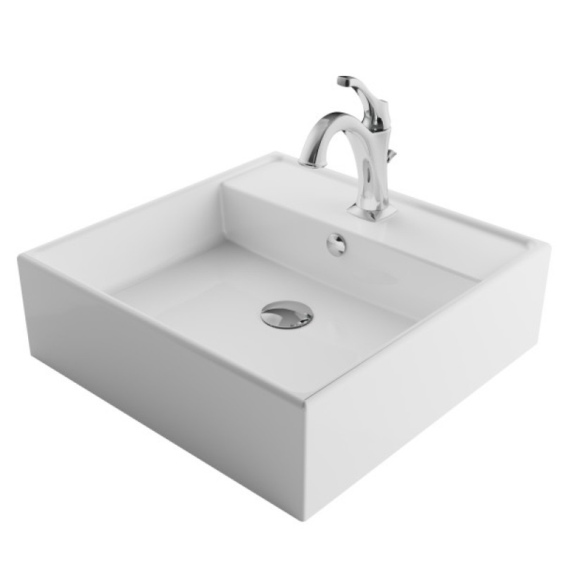 KRAUS Elavo™ 18 1/2-inch Square White Porcelain Ceramic Bathroom Vessel Sink with Overflow and Arlo™ Faucet Combo Set with Lift Rod Drain, Chrome Finish