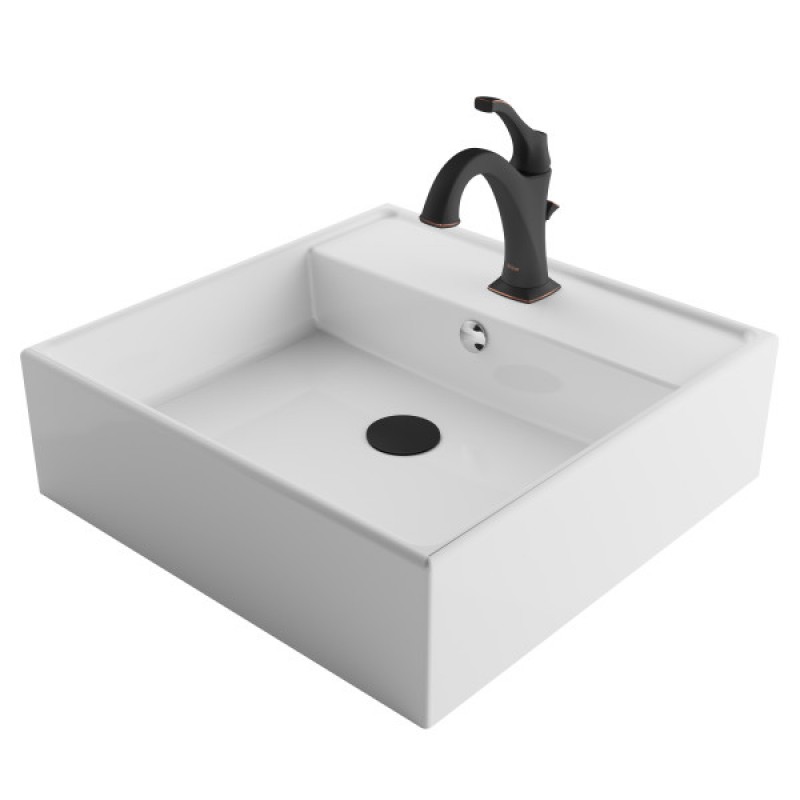 KRAUS Elavo™ 18 1/2-inch Square White Porcelain Ceramic Bathroom Vessel Sink with Overflow and Matte Black Arlo™ Faucet Combo Set with Lift Rod Drain