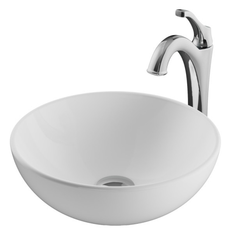 KRAUS Elavo™ 14-inch Round White Porcelain Ceramic Bathroom Vessel Sink and Arlo™ Faucet Combo Set with Pop-Up Drain, Chrome Finish