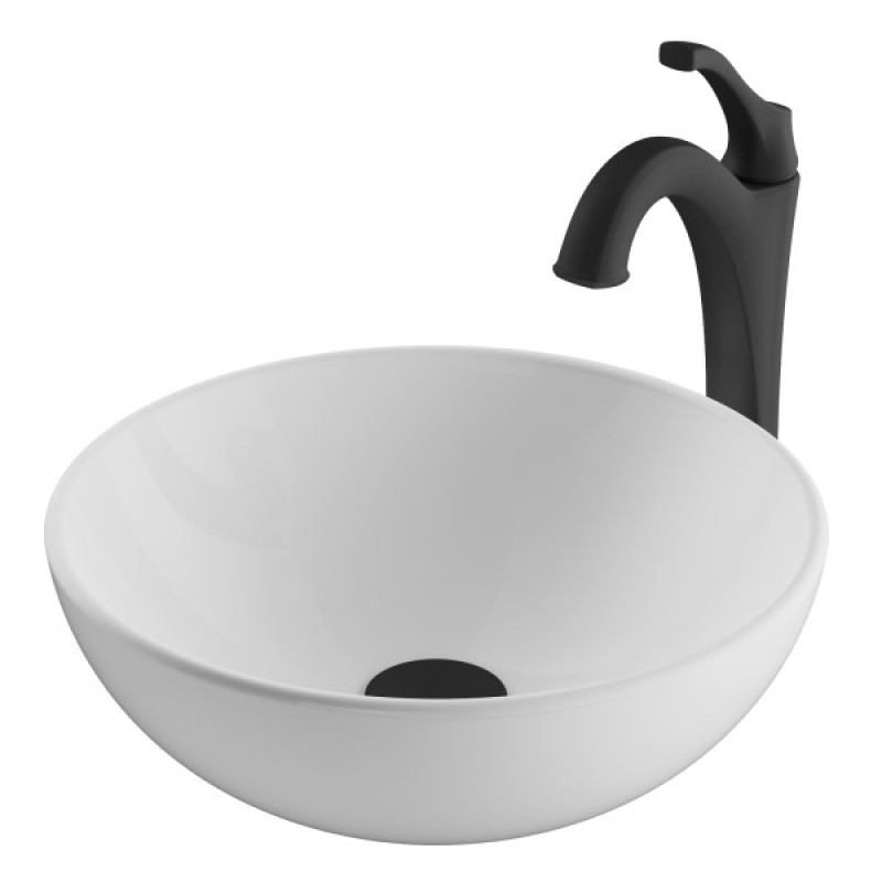 KRAUS Elavo™ 14-inch Round White Porcelain Ceramic Bathroom Vessel Sink and Matte Black Arlo™ Faucet Combo Set with Pop-Up Drain