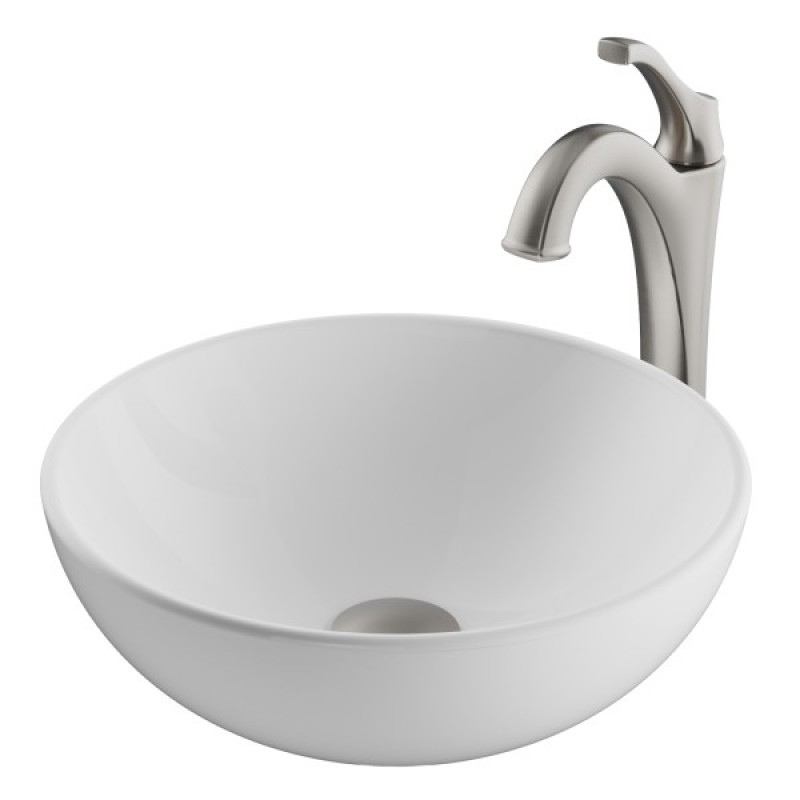 KRAUS Elavo™ 14-inch Round White Porcelain Ceramic Bathroom Vessel Sink and Spot Free Arlo™ Faucet Combo Set with Pop-Up Drain, Stainless Brushed Nickel Finish