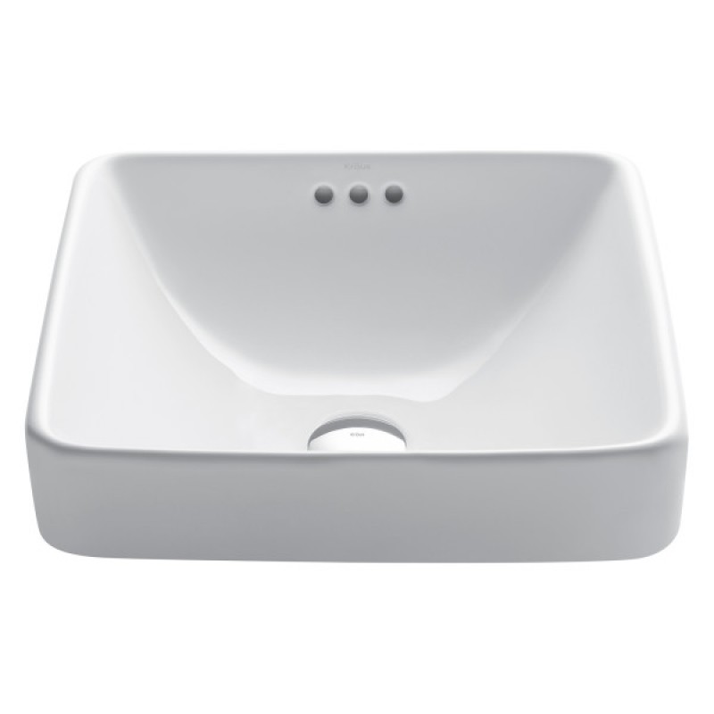 KRAUS Elavo™ Square Semi-Recessed Vessel White Porcelain Ceramic Bathroom Sink with Overflow, 16 1/2 inch (2-Pack)