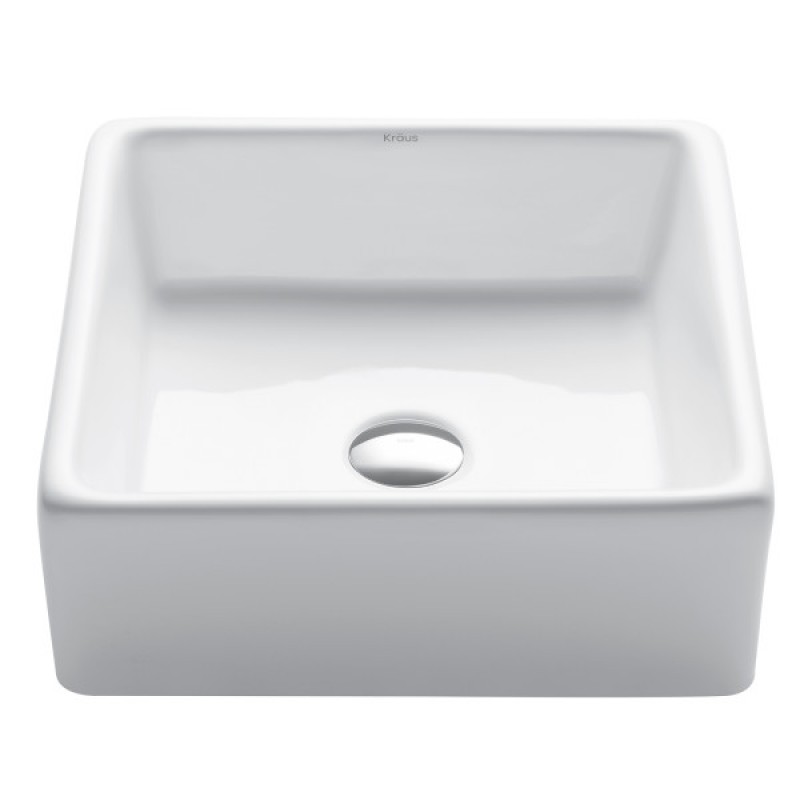 KRAUS Elavo™ Square Vessel White Porcelain Ceramic Bathroom Sink, 15 inch