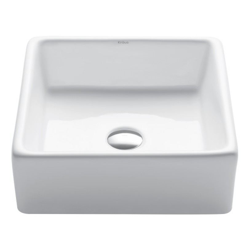 Elavo™ Square Vessel White Porcelain Ceramic Bathroom Sink, 15 inch