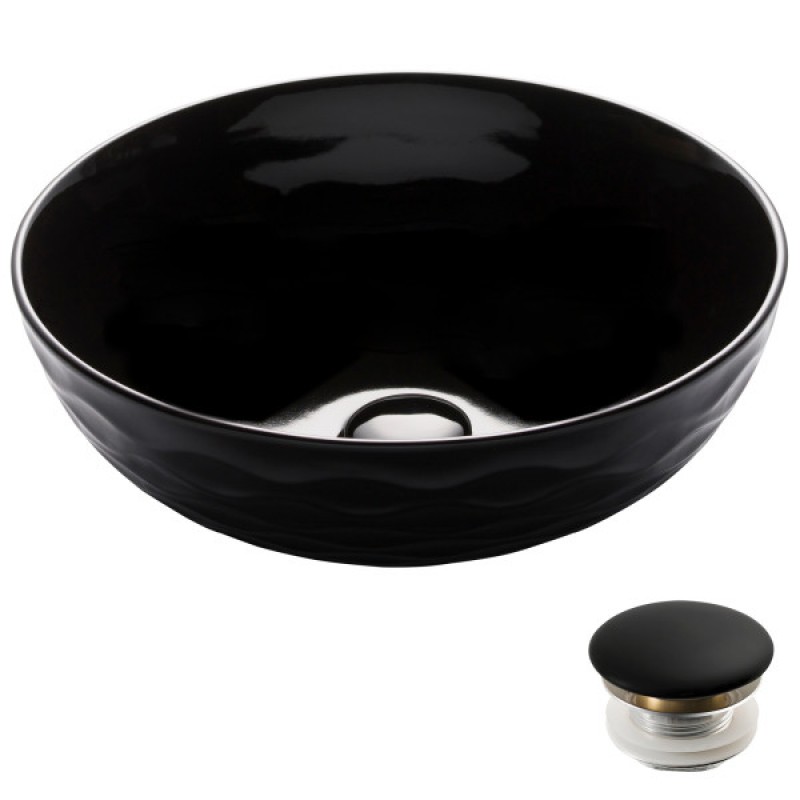 KRAUS Viva™ Round Black Porcelain Ceramic Vessel Bathroom Sink with Pop-Up Drain, 16 1/2 in. D x 5 1/2 in. H