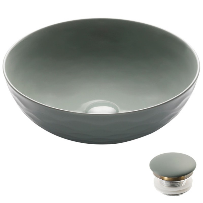 KRAUS Viva™ Round Gray Porcelain Ceramic Vessel Bathroom Sink with Pop-Up Drain, 16 1/2 in. D x 5 1/2 in. H
