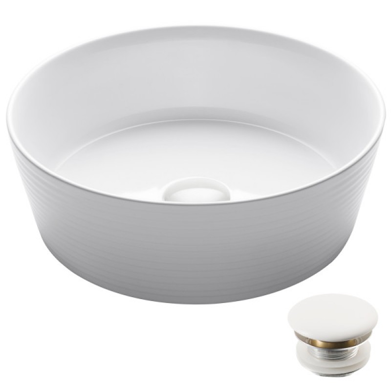 KRAUS Viva™ Round White Porcelain Ceramic Vessel Bathroom Sink with Pop-Up Drain, 15 3/4 in. D x 5 3/8 in. H