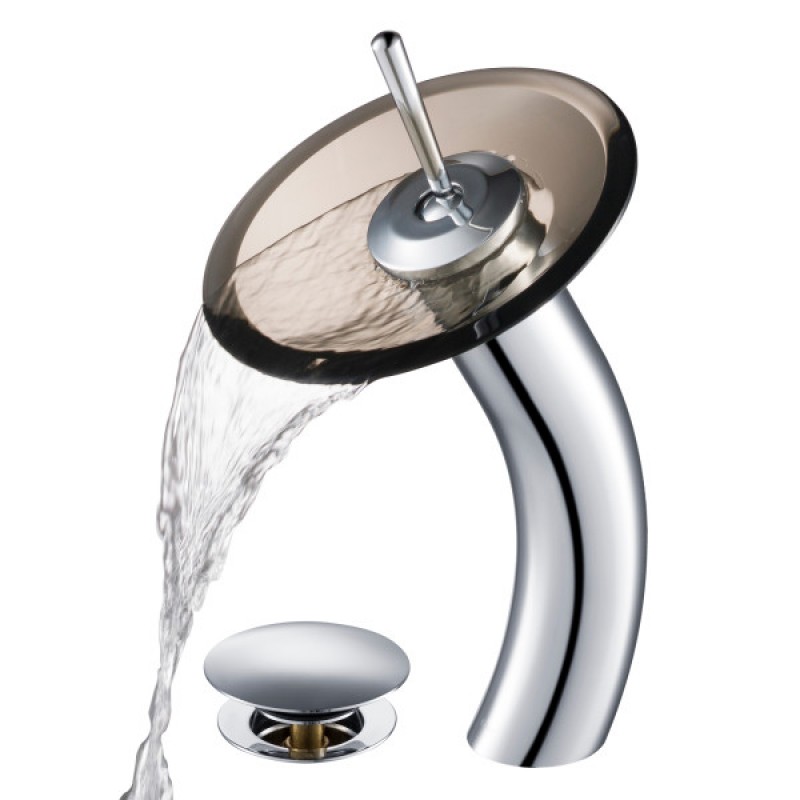KRAUS Tall Waterfall Bathroom Faucet for Vessel Sink with Clear Brown Glass Disk and Pop-Up Drain, Chrome Finish