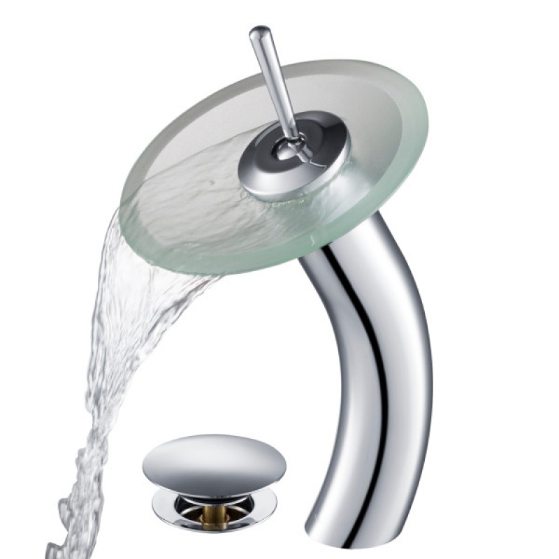 KRAUS Tall Waterfall Bathroom Faucet for Vessel Sink with Frosted Glass Disk and Pop-Up Drain, Chrome Finish