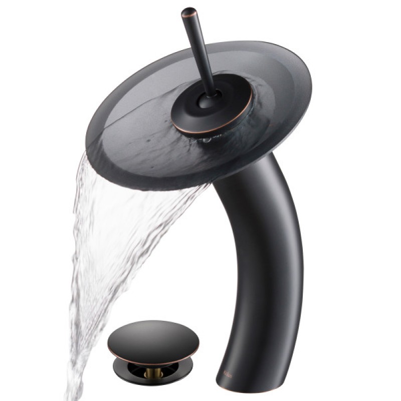 KRAUS Tall Waterfall Bathroom Faucet for Vessel Sink with Frosted Black Glass Disk and Pop-Up Drain, Oil Rubbed Bronze Finish
