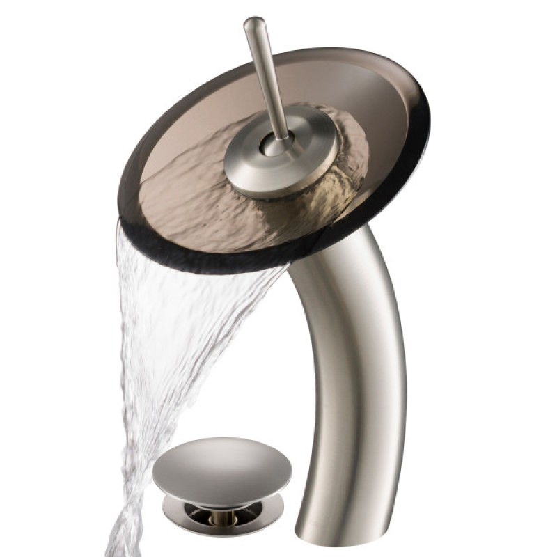 KRAUS Tall Waterfall Bathroom Faucet for Vessel Sink with Clear Brown Glass Disk and Pop-Up Drain, Satin Nickel Finish