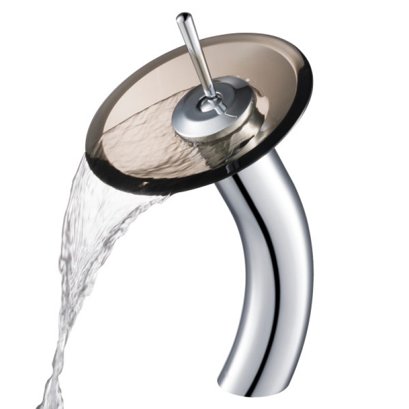 KRAUS Tall Waterfall Bathroom Faucet for Vessel Sink with Clear Brown Glass Disk, Chrome Finish