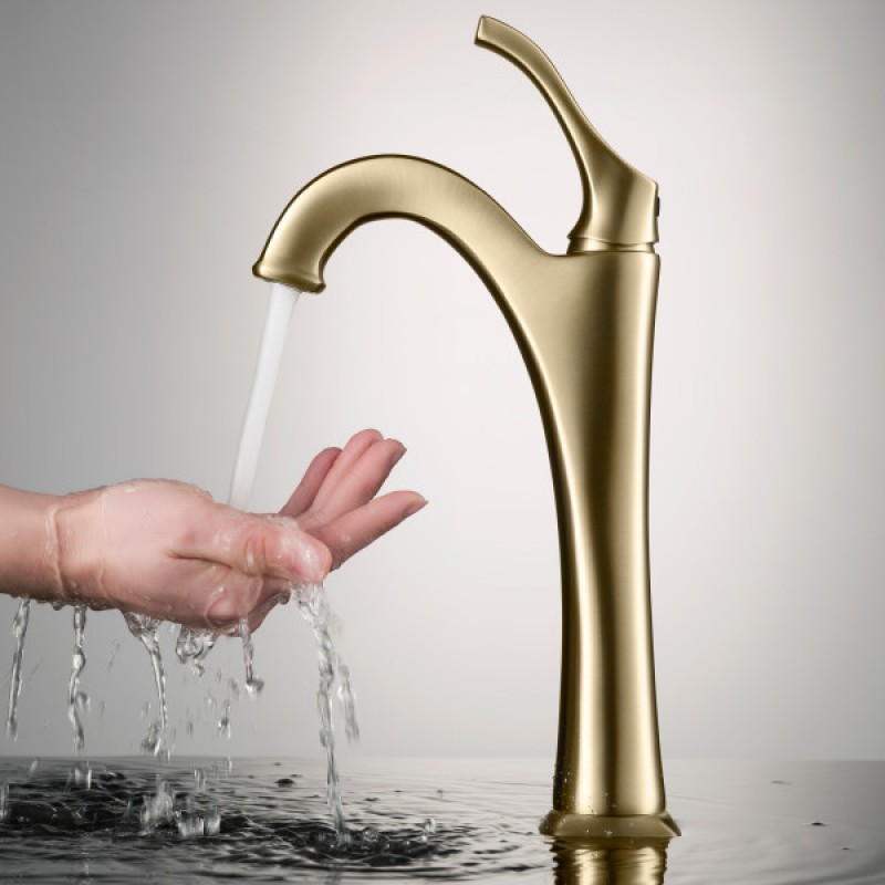 KRAUS Arlo™ Brushed Gold Tall Vessel Bathroom Faucet with Pop-Up Drain