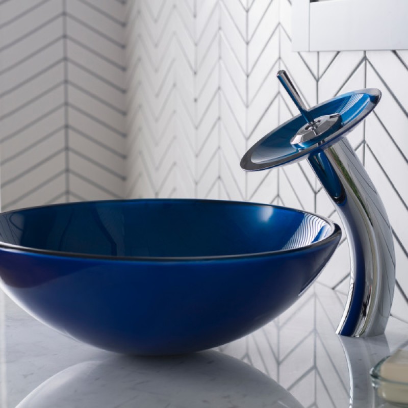 KRAUS Irruption Blue Glass Bathroom Vessel Sink and Waterfall Faucet Combo Set with Matching Disk and Pop-Up Drain, Chrome Finish