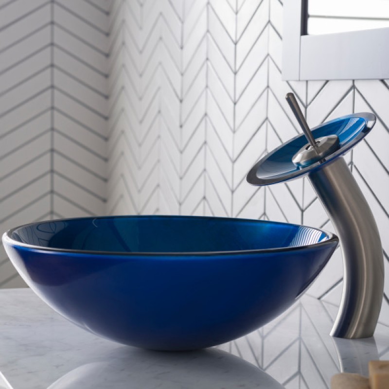 KRAUS Irruption Blue Glass Bathroom Vessel Sink and Waterfall Faucet Combo Set with Matching Disk and Pop-Up Drain, Satin Nickel Finish