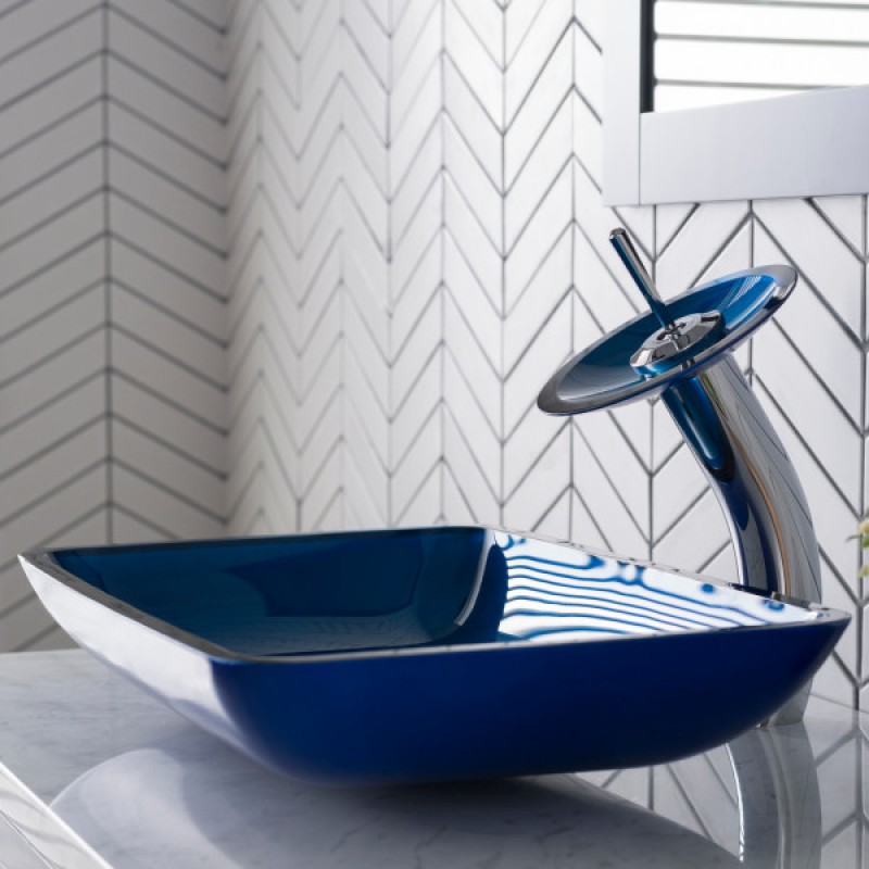 KRAUS Rectangular Blue Glass Bathroom Vessel Sink and Waterfall Faucet Combo Set with Matching Disk and Pop-Up Drain, Chrome Finish