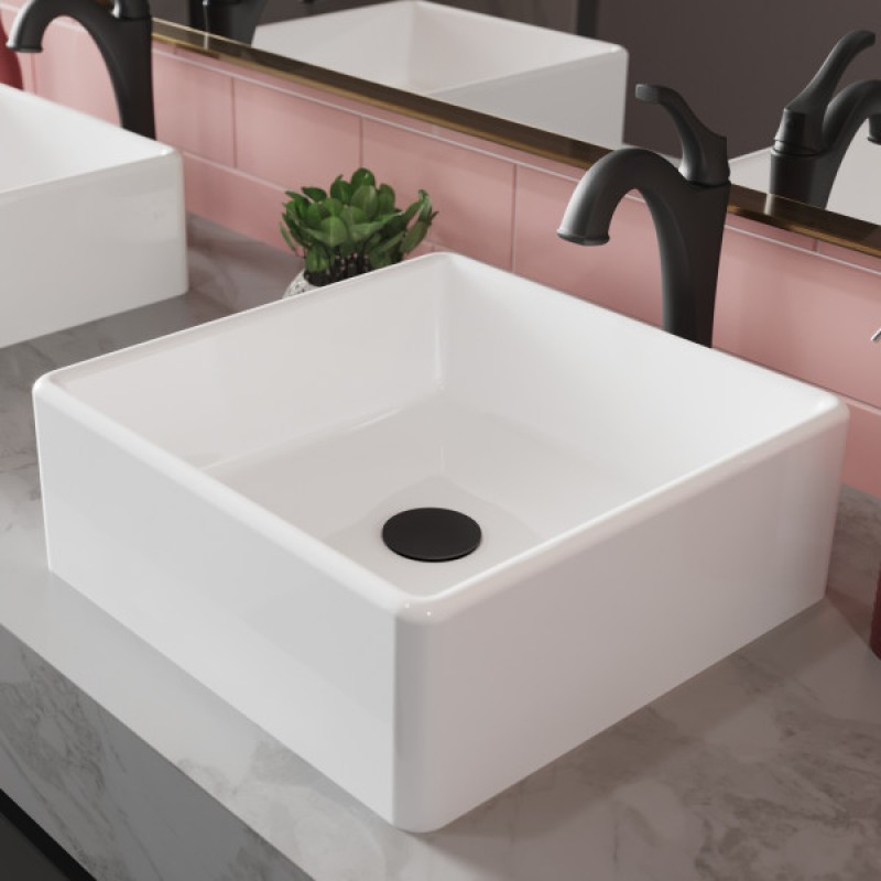 KRAUS Elavo™ 15-inch Square White Porcelain Ceramic Bathroom Vessel Sink and Matte Black Arlo™ Faucet Combo Set with Pop-Up Drain