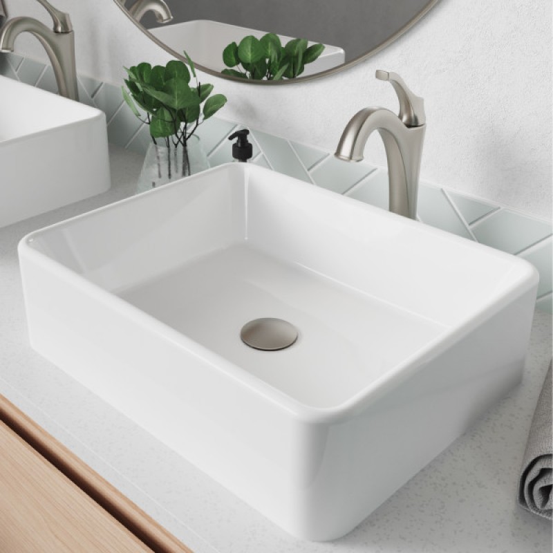 KRAUS Elavo™ 19-inch Modern Rectangular White Porcelain Ceramic Bathroom Vessel Sink and Spot Free Arlo™ Faucet Combo Set with Pop-Up Drain, Stainless Brushed Nickel Finish