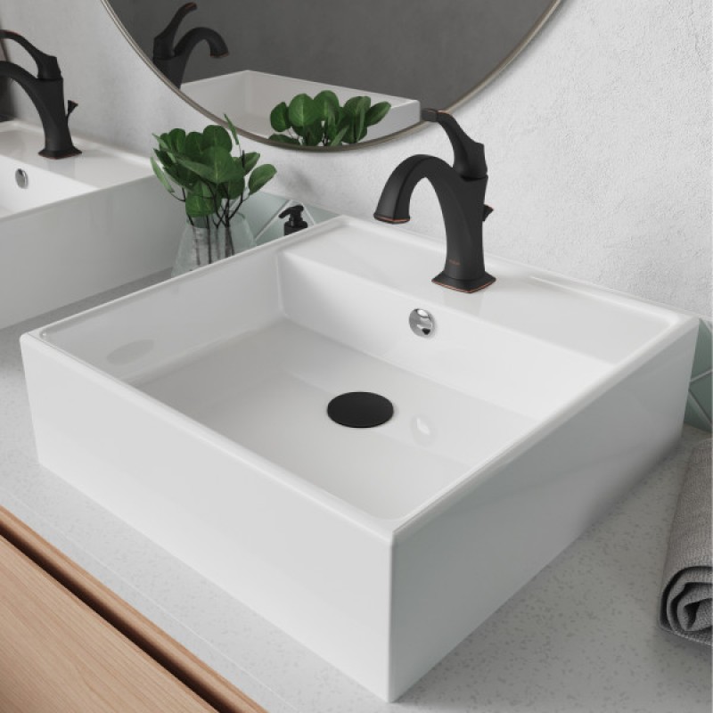 Elavo™ 18 1/2-inch Square White Porcelain Ceramic Bathroom Vessel Sink with Overflow and Arlo™ Faucet Combo Set with Lift Rod Drain, Oil Rubbed Bronze Finish