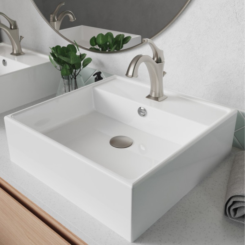 KRAUS Elavo™ 18 1/2-inch Square White Porcelain Ceramic Bathroom Vessel Sink with Overflow and Spot Free Arlo™ Faucet Combo Set with Lift Rod Drain, Stainless Brushed Nickel Finish