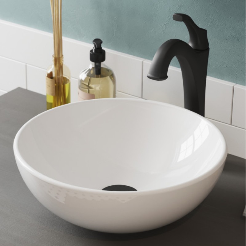 KRAUS Elavo™ 14-inch Round White Porcelain Ceramic Bathroom Vessel Sink and Matte Black Arlo™ Faucet Combo Set with Pop-Up Drain