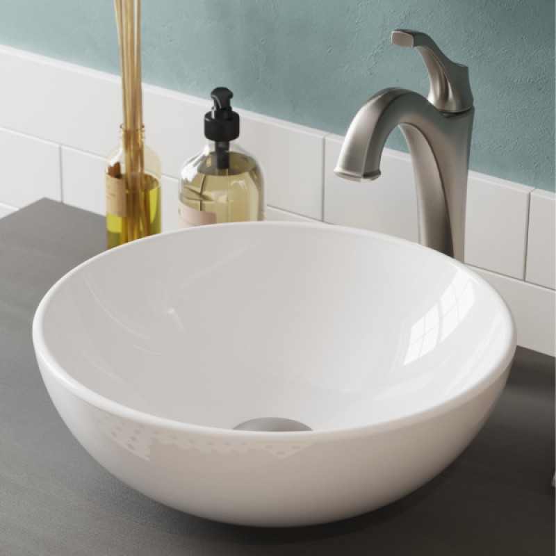 KRAUS Elavo™ 14-inch Round White Porcelain Ceramic Bathroom Vessel Sink and Spot Free Arlo™ Faucet Combo Set with Pop-Up Drain, Stainless Brushed Nickel Finish