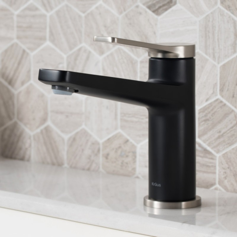 Indy™ Single Handle Bathroom Faucet in Spot Free Stainless Steel/Matte Black and Matching Pop-Up Drain with Overflow
