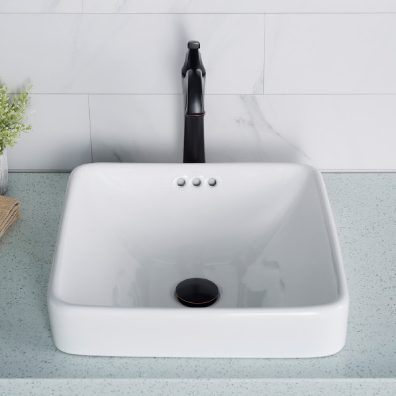KRAUS Elavo™ Square Semi-Recessed Vessel White Porcelain Ceramic Bathroom Sink with Overflow, 16 1/2 inch (2-Pack)