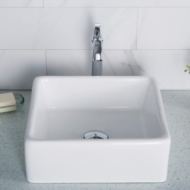 KRAUS Elavo™ Square Vessel White Porcelain Ceramic Bathroom Sink, 15 inch