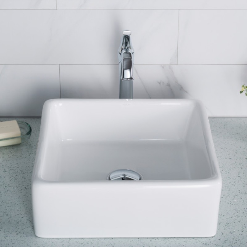 Elavo™ Square Vessel White Porcelain Ceramic Bathroom Sink, 15 inch