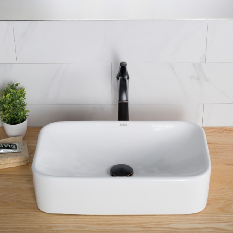 KRAUS Elavo™ Rectangular Vessel White Porcelain Ceramic Bathroom Sink, 19 inch