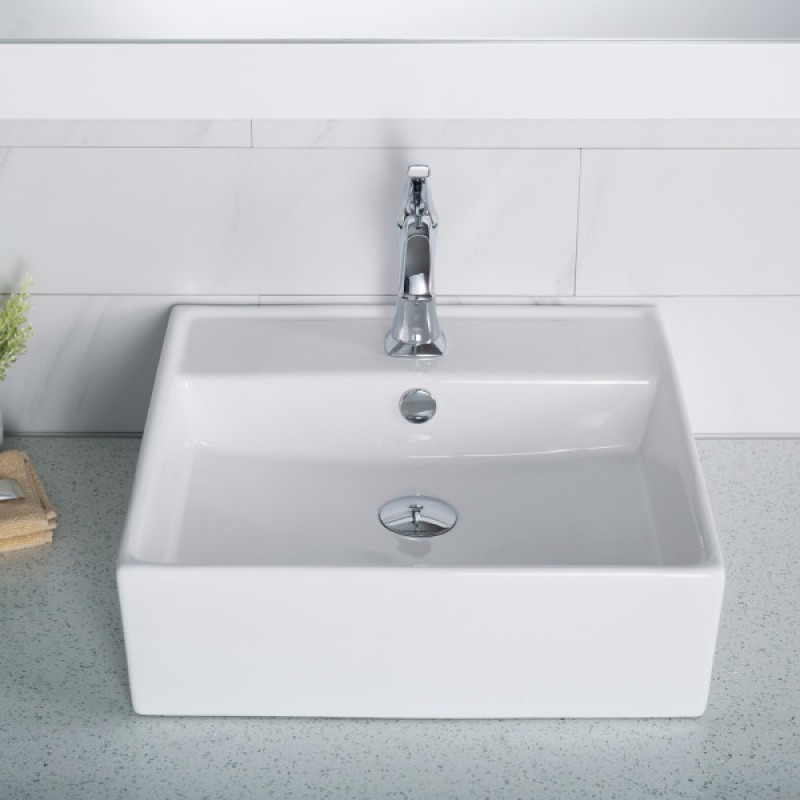 KRAUS Elavo™ Square Vessel White Porcelain Ceramic Bathroom Sink with Overflow, 18 1/2