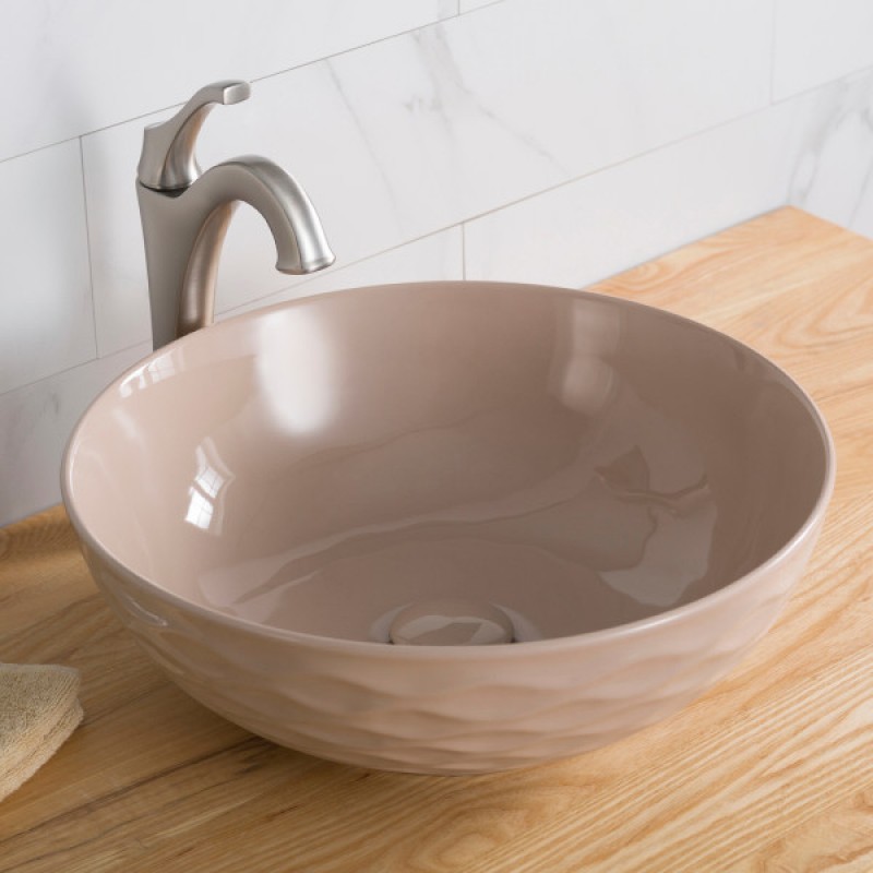 KRAUS Viva™ Round Beige Porcelain Ceramic Vessel Bathroom Sink with Pop-Up Drain, 16 1/2 in. D x 5 1/2 in. H