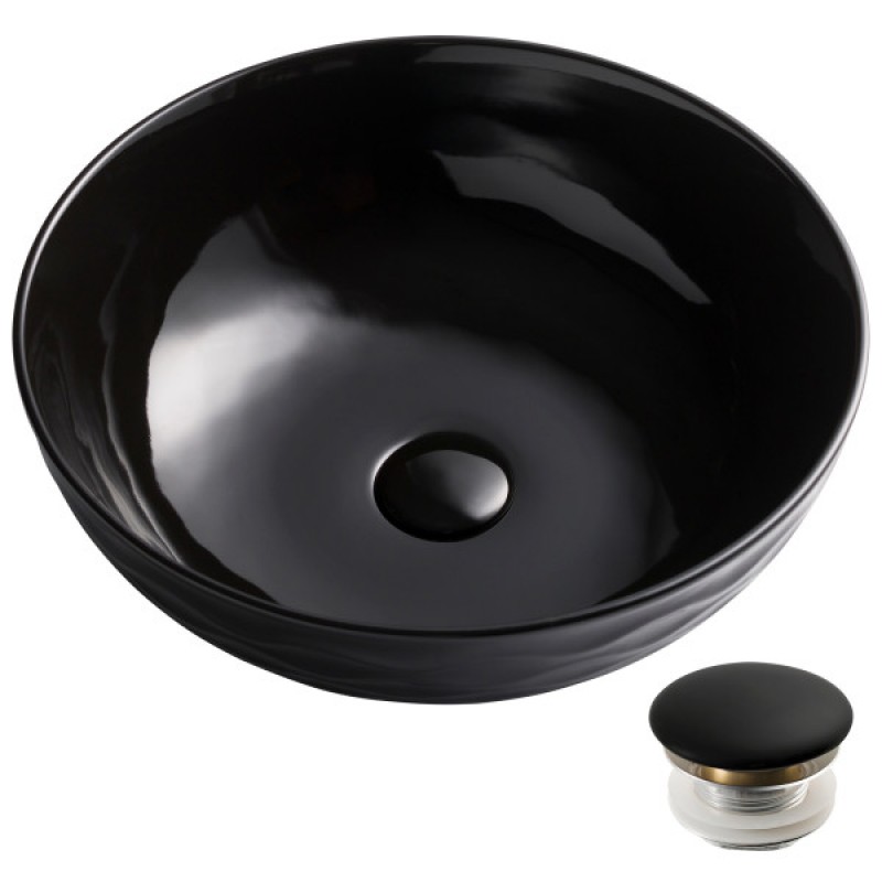 KRAUS Viva™ Round Black Porcelain Ceramic Vessel Bathroom Sink with Pop-Up Drain, 16 1/2 in. D x 5 1/2 in. H