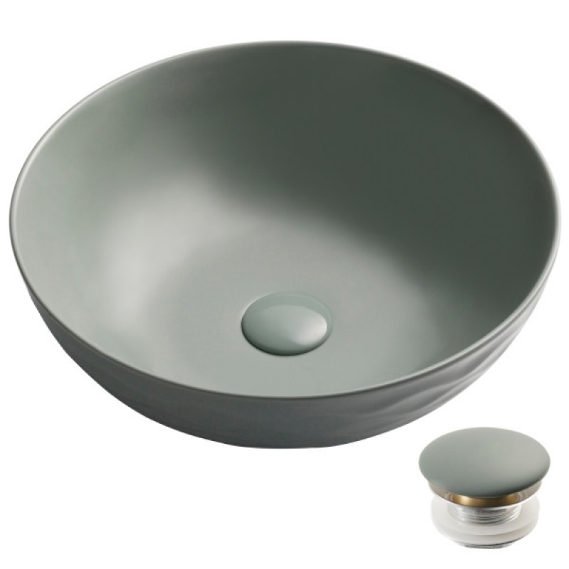 KRAUS Viva™ Round Gray Porcelain Ceramic Vessel Bathroom Sink with Pop-Up Drain, 16 1/2 in. D x 5 1/2 in. H