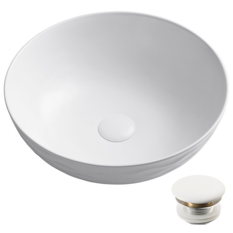 KRAUS Viva™ Round White Porcelain Ceramic Vessel Bathroom Sink with Pop-Up Drain, 16 1/2 in. D x 5 1/2 in. H
