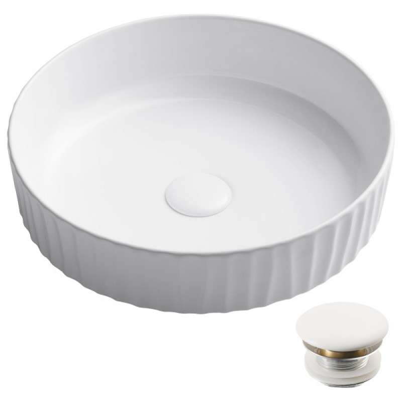 KRAUS Viva™ Round White Porcelain Ceramic Vessel Bathroom Sink with Pop-Up Drain, 15 3/4 in. D x 4 3/4 in. H