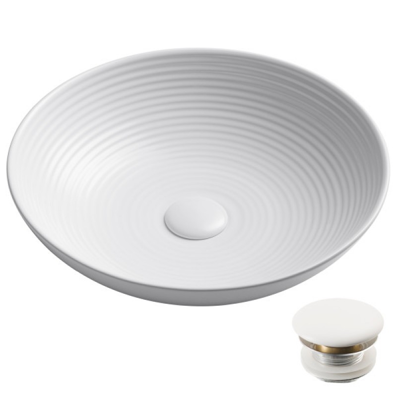 KRAUS Viva™ Round White Porcelain Ceramic Vessel Bathroom Sink with Pop-Up Drain, 16 1/2 in. D x 4 3/8 in. H