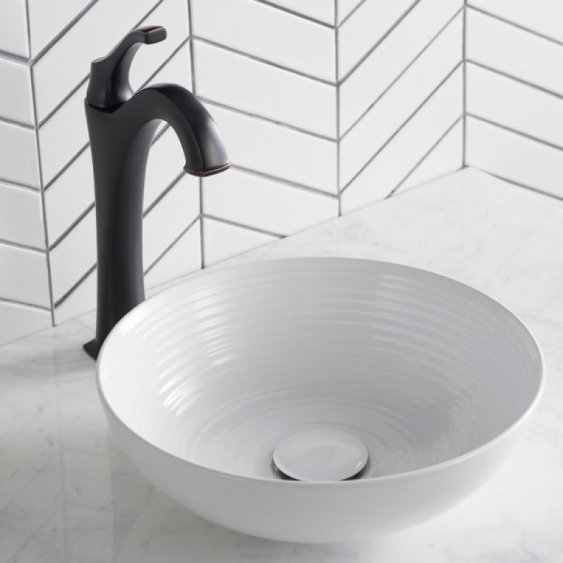 KRAUS Viva™ Round White Porcelain Ceramic Vessel Bathroom Sink with Pop-Up Drain, 13 in. D x 4 3/8 in. H