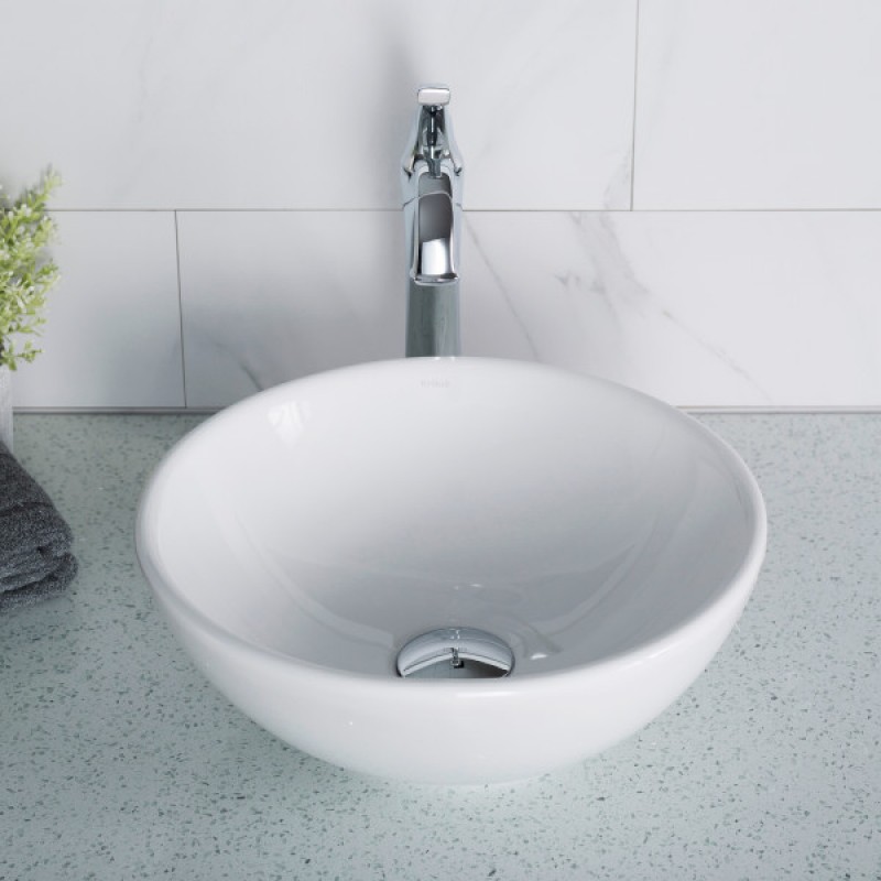 KRAUS Elavo™ Round Vessel White Porcelain Ceramic Bathroom Sink, 14 inch