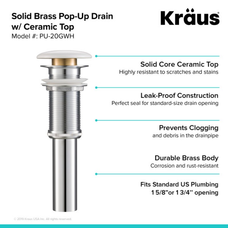 KRAUS Pop-Up Drain with Porcelain Ceramic Top for Bathroom Sink without Overflow, Gloss White