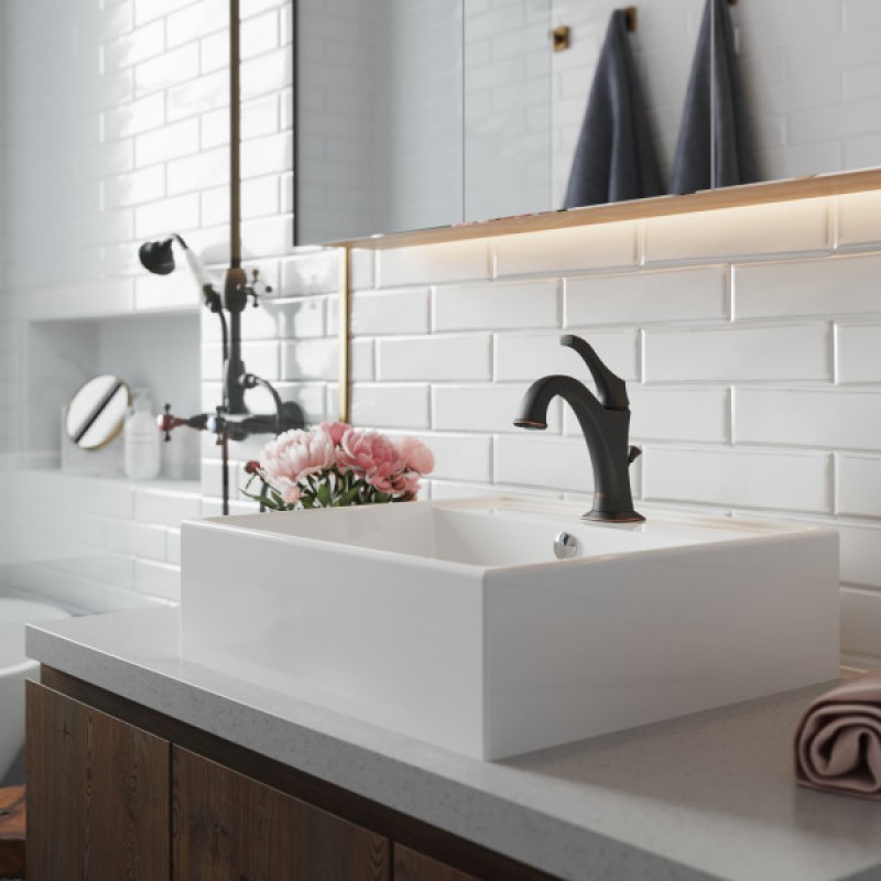 KRAUS Elavo™ 18 1/2-inch Square White Porcelain Ceramic Bathroom Vessel Sink with Overflow and Matte Black Arlo™ Faucet Combo Set with Lift Rod Drain