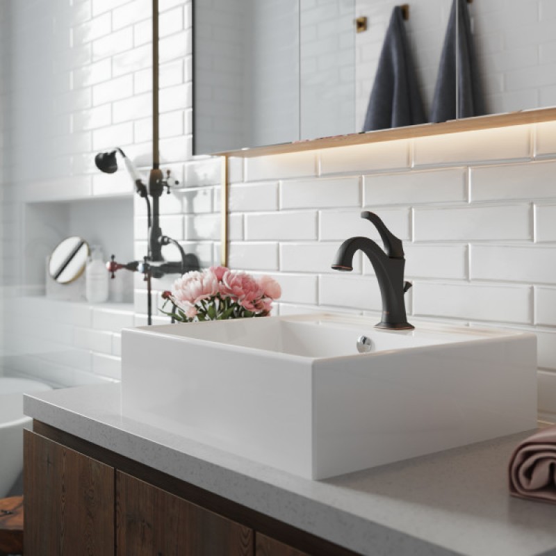 Elavo™ 18 1/2-inch Square White Porcelain Ceramic Bathroom Vessel Sink with Overflow and Arlo™ Faucet Combo Set with Lift Rod Drain, Oil Rubbed Bronze Finish