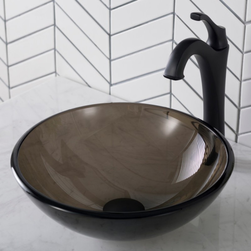 KRAUS Round Clear Brown Glass Vessel Bathroom Sink, 14 inch