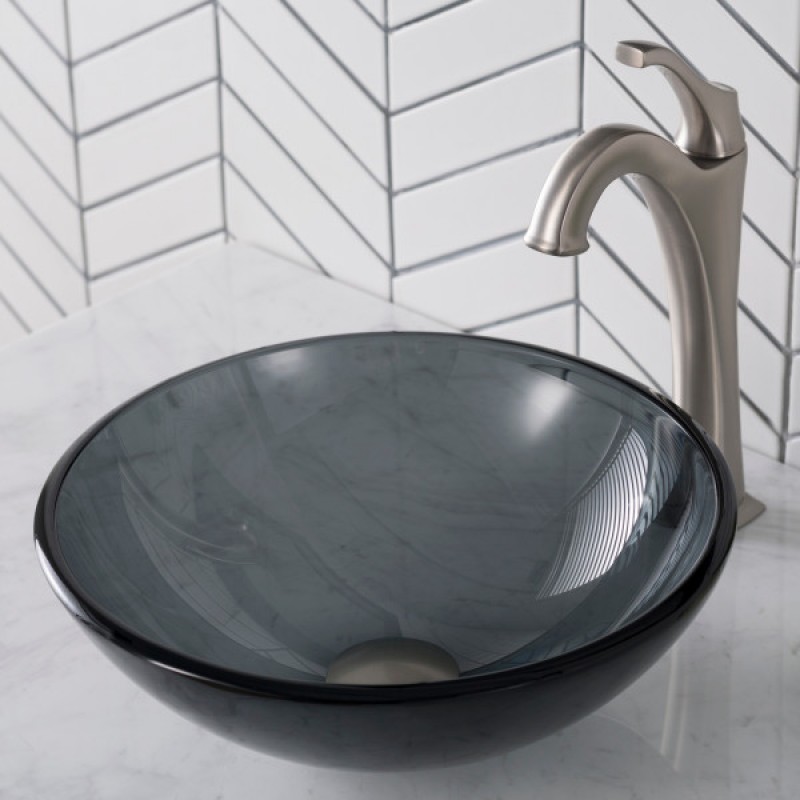 KRAUS Round Clear Black Glass Vessel Bathroom Sink, 14 inch
